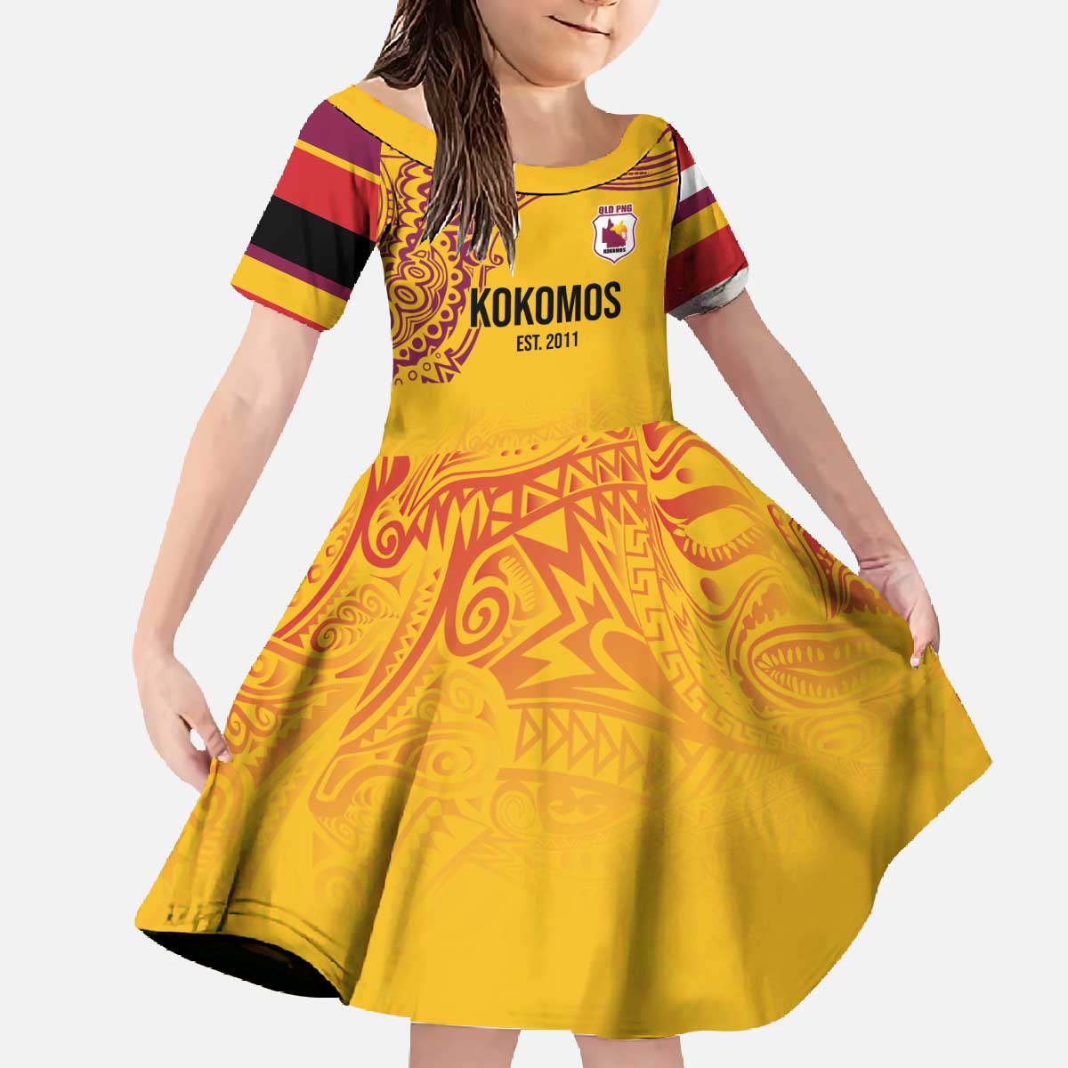 Queensland Papua New Guinea Custom Family Matching Off The Shoulder Long Sleeve Dress and Hawaiian Shirt All Gold Pacific PNG Tribal Style