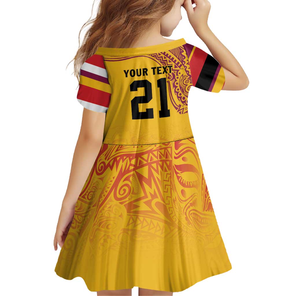 Queensland Papua New Guinea Custom Family Matching Off Shoulder Short Dress and Hawaiian Shirt All Gold Pacific PNG Tribal Style