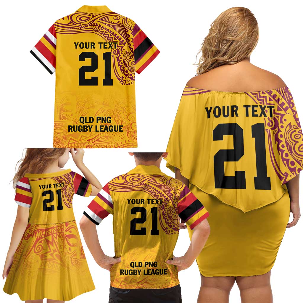 Queensland Papua New Guinea Custom Family Matching Off Shoulder Short Dress and Hawaiian Shirt All Gold Pacific PNG Tribal Style