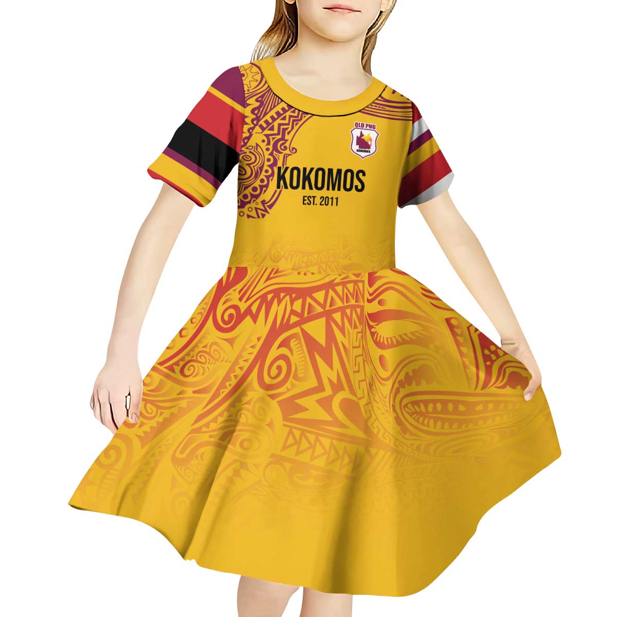 Queensland Papua New Guinea Custom Kid Short Sleeve Dress All Gold Pacific PNG Tribal Style