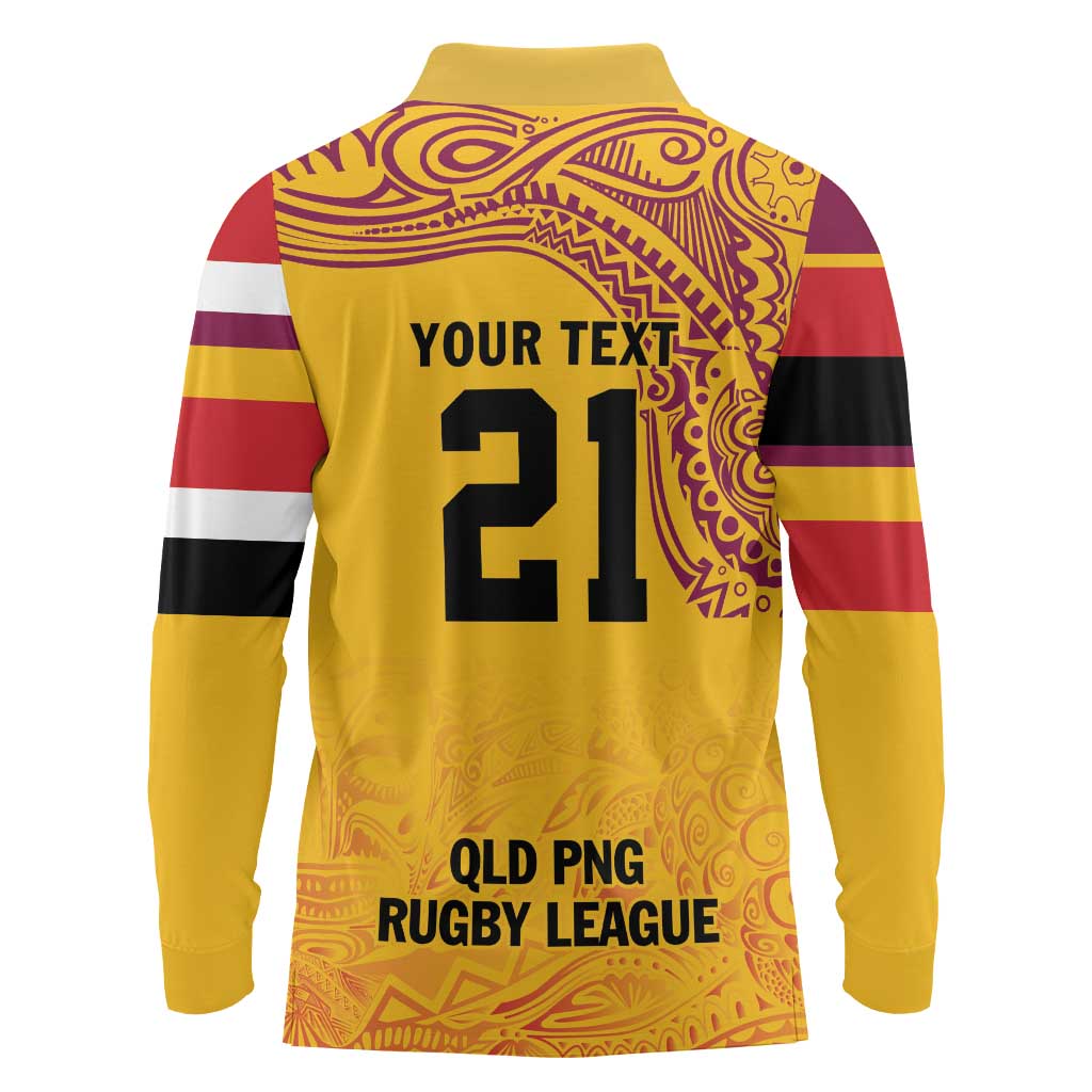 Queensland Papua New Guinea Custom Long Sleeve Polo Shirt All Gold Pacific PNG Tribal Style