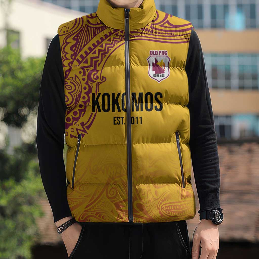 Queensland Papua New Guinea Custom Sleeveless Puffer Jacket All Gold Pacific PNG Tribal Style - Polynesian Pride