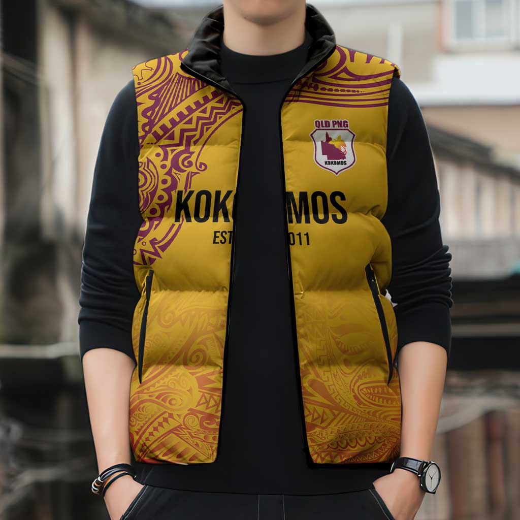 Queensland Papua New Guinea Custom Sleeveless Puffer Jacket All Gold Pacific PNG Tribal Style - Polynesian Pride