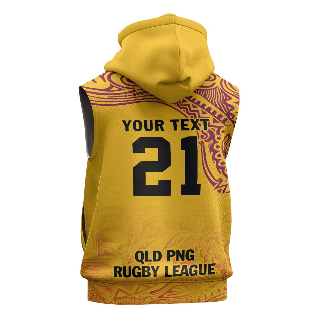 Queensland Papua New Guinea Custom Sleeveless Zip Hoodie All Gold Pacific PNG Tribal Style - Polynesian Pride