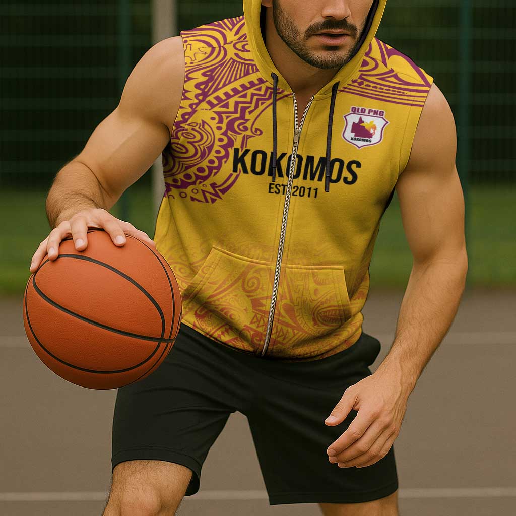 Queensland Papua New Guinea Custom Sleeveless Zip Hoodie All Gold Pacific PNG Tribal Style - Polynesian Pride