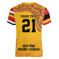 Queensland Papua New Guinea Custom Women V-Neck T-Shirt All Gold Pacific PNG Tribal Style