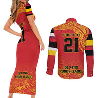 Queensland Papua New Guinea Custom Couples Matching Short Sleeve Bodycon Dress and Long Sleeve Button Shirt All Red Pacific PNG Tribal Style