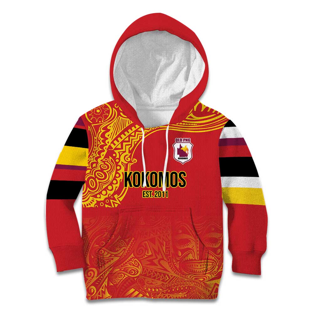 Queensland Papua New Guinea Custom Kid Hoodie All Red Pacific PNG Tribal Style