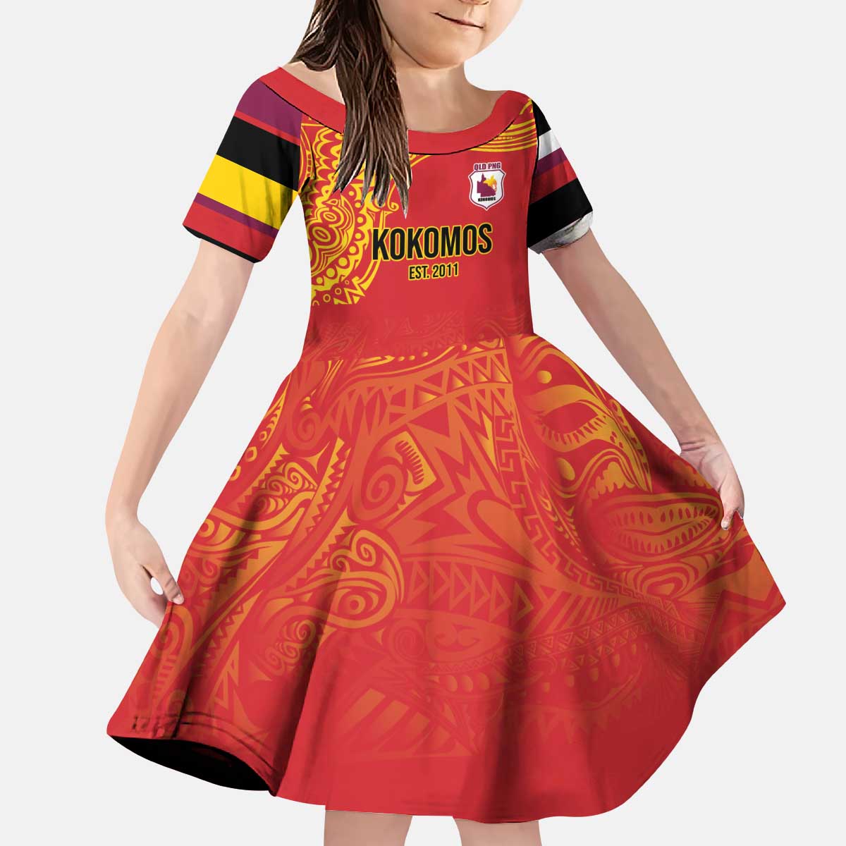 Queensland Papua New Guinea Custom Kid Short Sleeve Dress All Red Pacific PNG Tribal Style