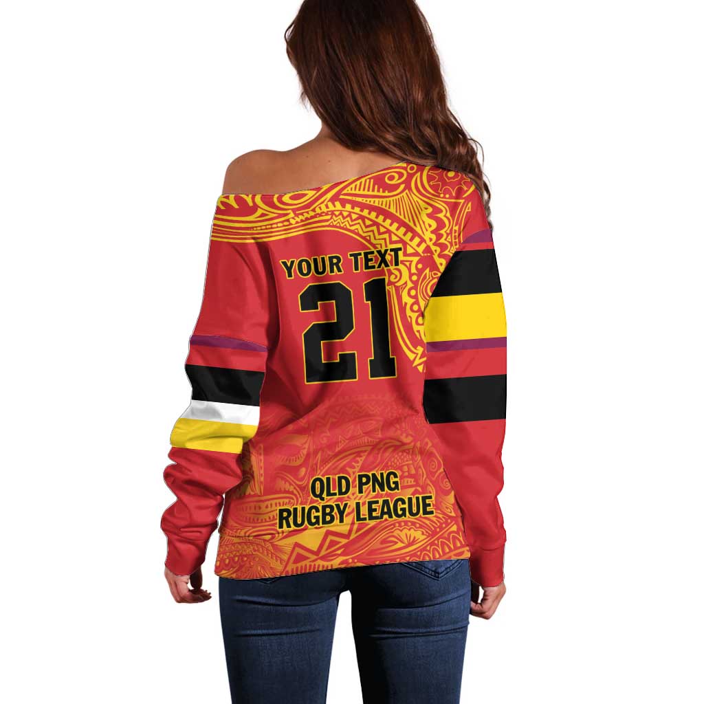Queensland Papua New Guinea Custom Off Shoulder Sweater All Red Pacific PNG Tribal Style