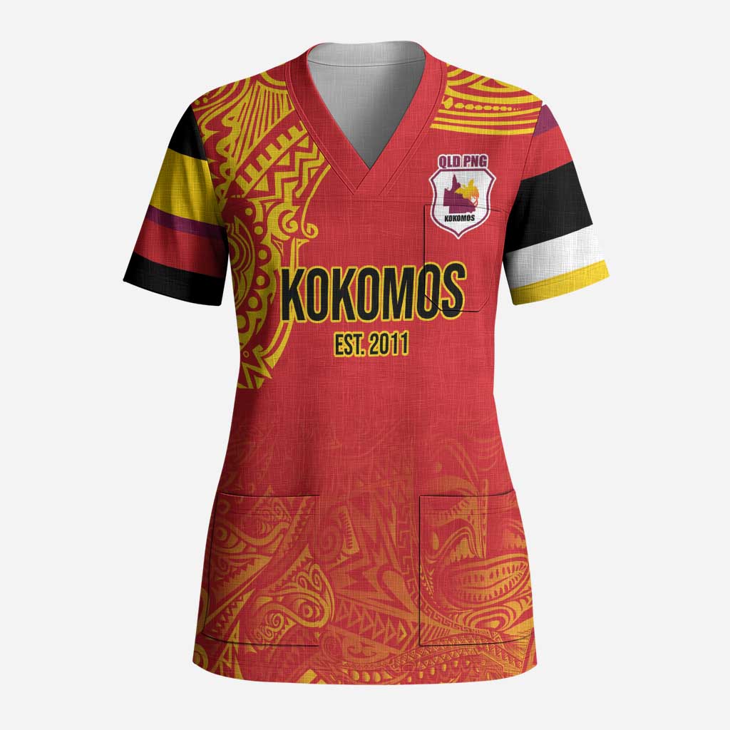 Queensland Papua New Guinea Custom Scrub Top All Red Pacific PNG Tribal Style LT9 Adult Red - Polynesian Pride