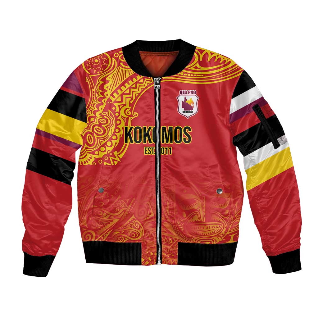 Queensland Papua New Guinea Custom Sleeve Zip Bomber Jacket All Red Pacific PNG Tribal Style LT9 Unisex Red - Polynesian Pride