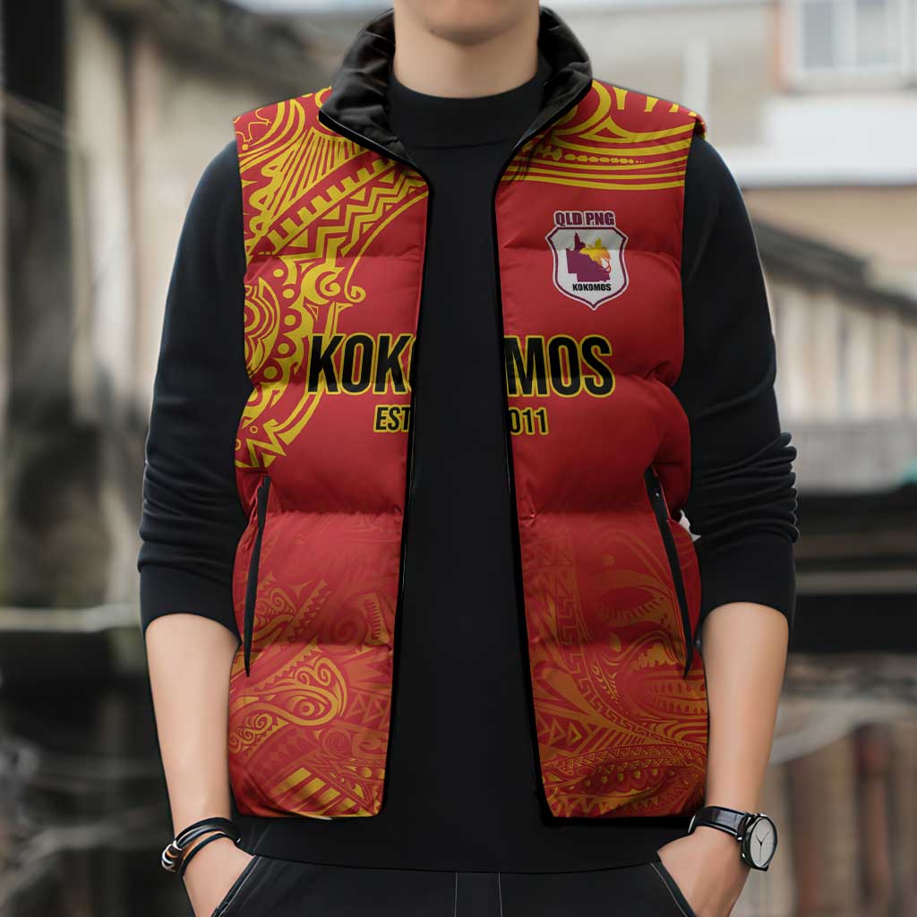 Queensland Papua New Guinea Custom Sleeveless Puffer Jacket All Red Pacific PNG Tribal Style - Polynesian Pride
