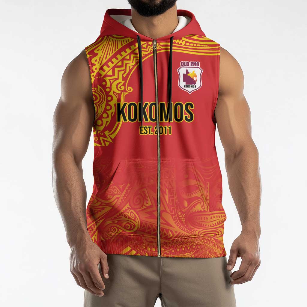 Queensland Papua New Guinea Custom Sleeveless Zip Hoodie All Red Pacific PNG Tribal Style - Polynesian Pride
