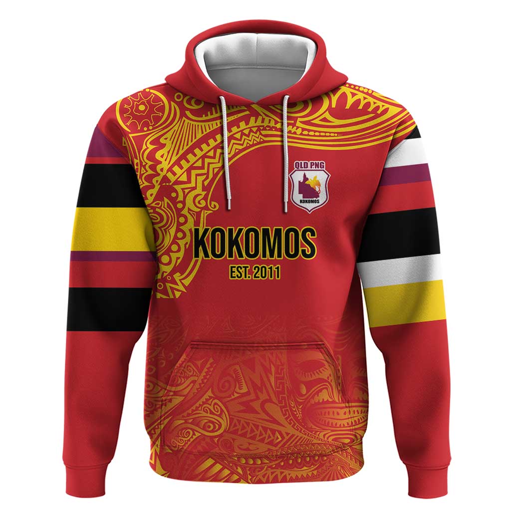 Queensland Papua New Guinea Custom Zip Hoodie All Red Pacific PNG Tribal Style