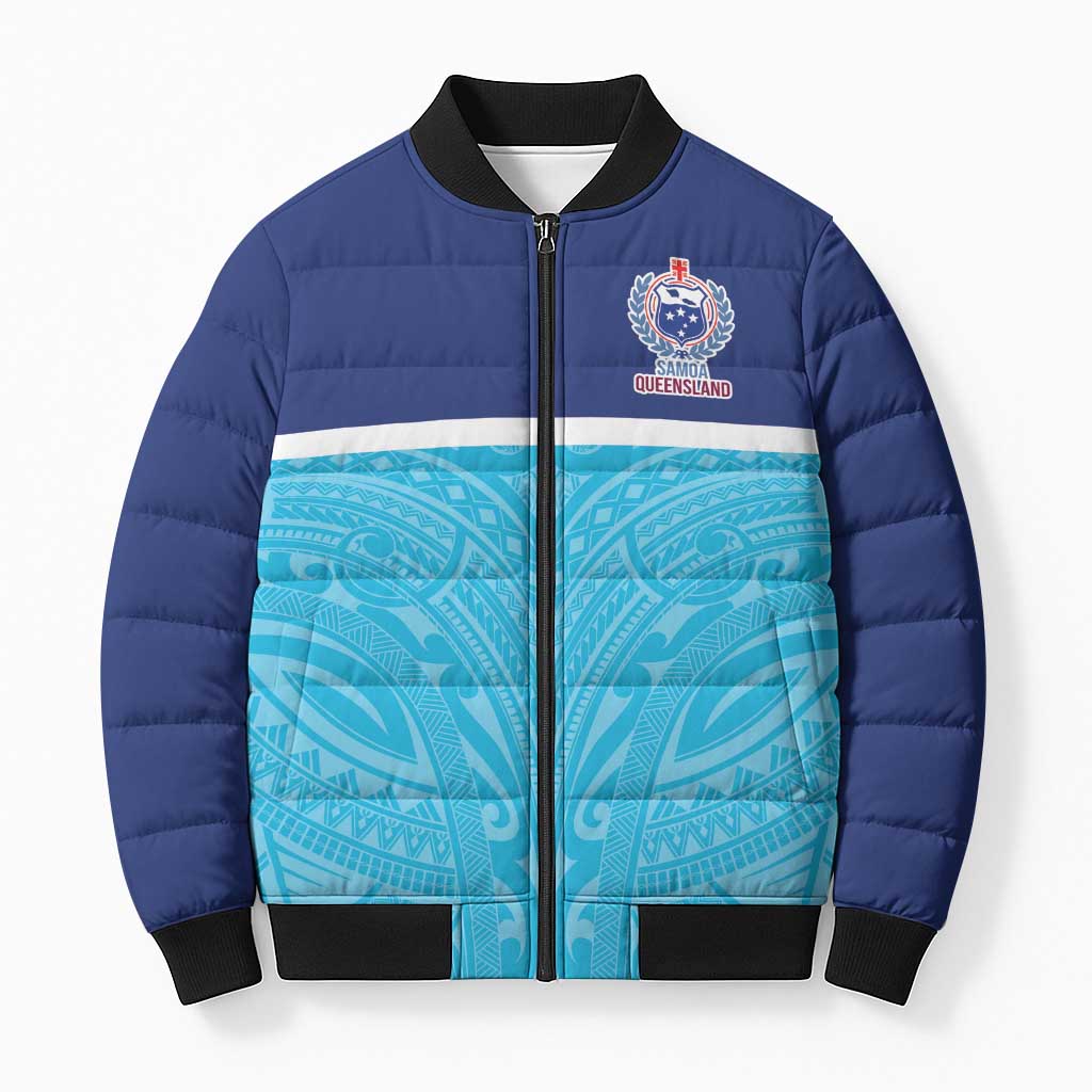 Queensland Samoa Custom Bomber Puffer Jacket Blue Pacific Polynesian Tribal Pattern - Polynesian Pride