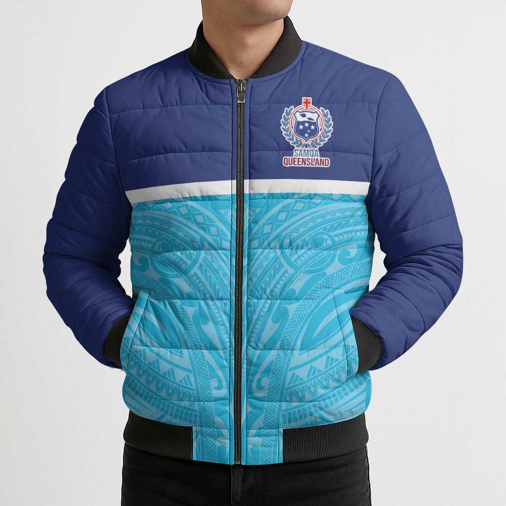 Queensland Samoa Custom Bomber Puffer Jacket Blue Pacific Polynesian Tribal Pattern - Polynesian Pride