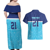 Queensland Samoa Custom Couples Matching Off Shoulder Maxi Dress and Hawaiian Shirt Blue Pacific Polynesian Tribal Pattern