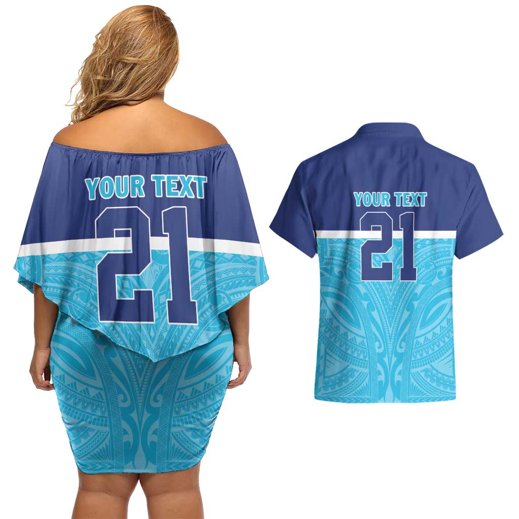 Queensland Samoa Custom Couples Matching Off Shoulder Short Dress and Hawaiian Shirt Blue Pacific Polynesian Tribal Pattern