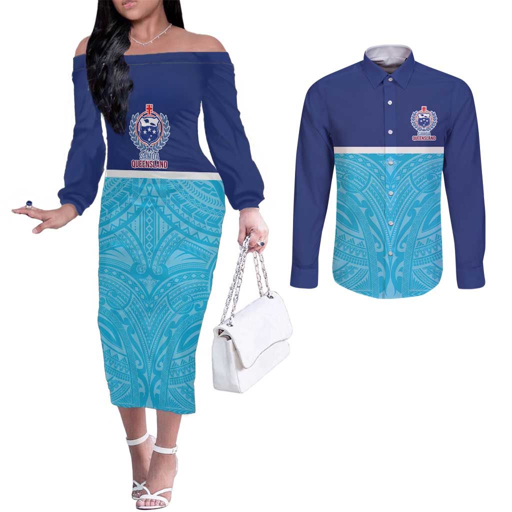 Queensland Samoa Custom Couples Matching Off The Shoulder Long Sleeve Dress and Long Sleeve Button Shirt Blue Pacific Polynesian Tribal Pattern LT9 Blue - Polynesian Pride
