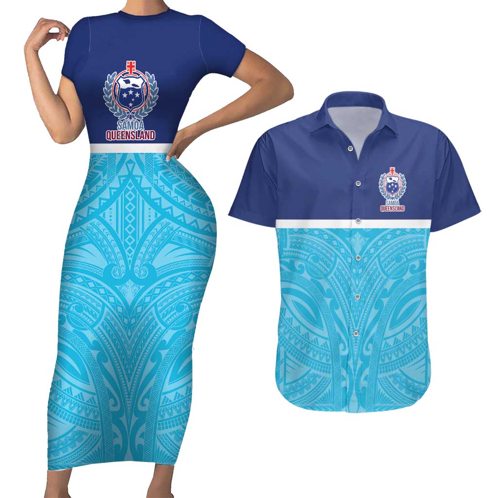 Queensland Samoa Custom Couples Matching Short Sleeve Bodycon Dress and Hawaiian Shirt Blue Pacific Polynesian Tribal Pattern