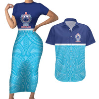 Queensland Samoa Custom Couples Matching Short Sleeve Bodycon Dress and Hawaiian Shirt Blue Pacific Polynesian Tribal Pattern