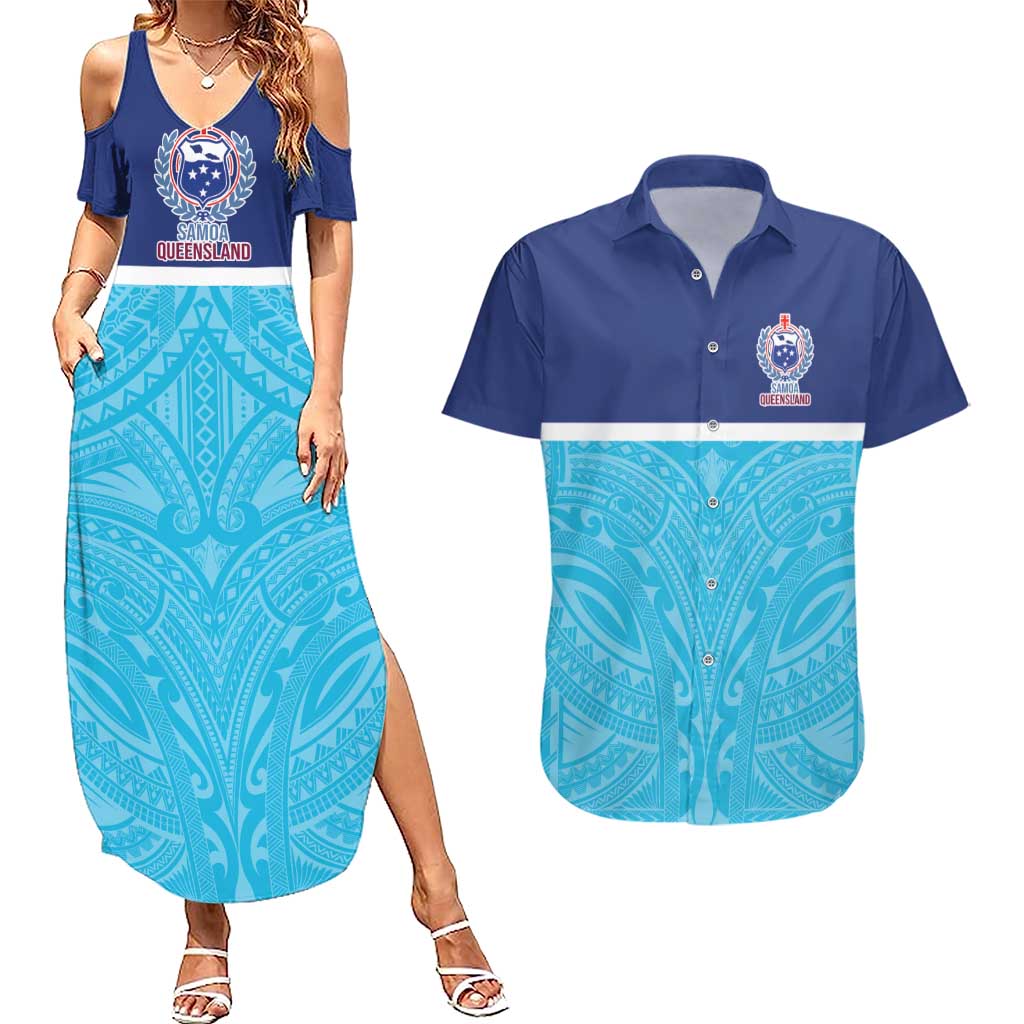 Queensland Samoa Custom Couples Matching Summer Maxi Dress and Hawaiian Shirt Blue Pacific Polynesian Tribal Pattern LT9 Blue - Polynesian Pride