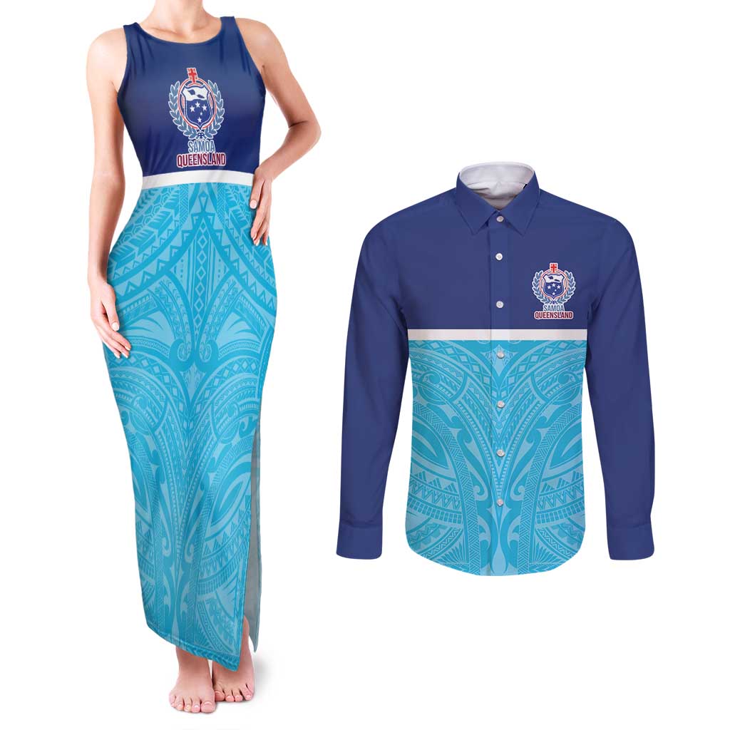 Queensland Samoa Custom Couples Matching Tank Maxi Dress and Long Sleeve Button Shirt Blue Pacific Polynesian Tribal Pattern LT9 Blue - Polynesian Pride