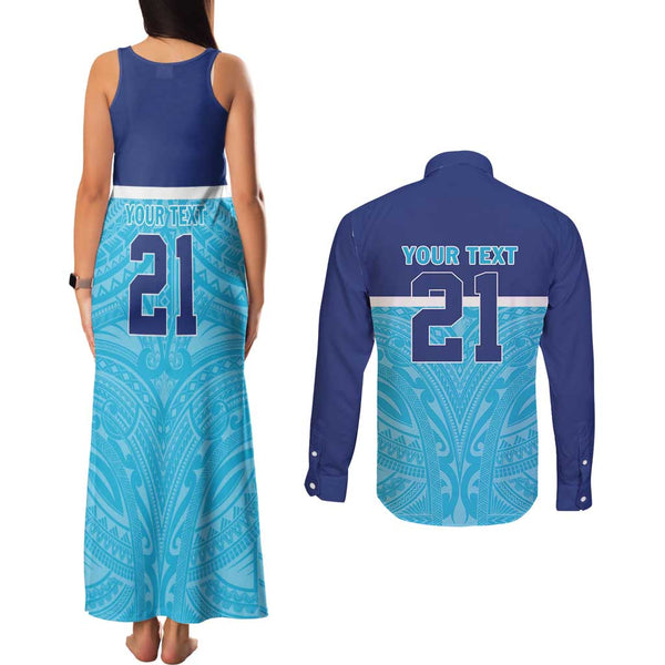 Custom Samoa Rugby Couples Matching Tank Maxi Dress and Long Sleeve Button Shirts Manu Samoa Ula Fala Dabbing Ball Polynesian Blue Version LT14 main image 0