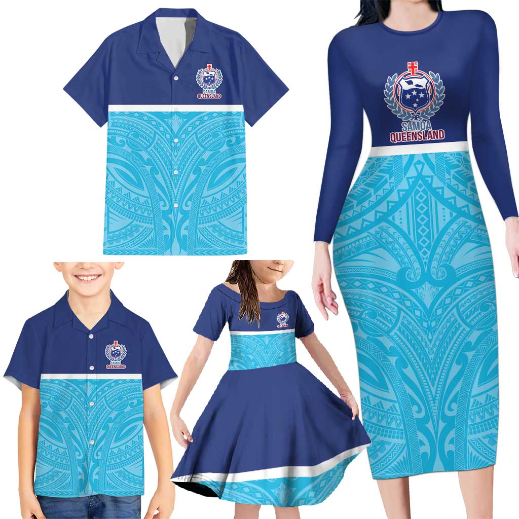 Queensland Samoa Custom Family Matching Long Sleeve Bodycon Dress and Hawaiian Shirt Blue Pacific Polynesian Tribal Pattern