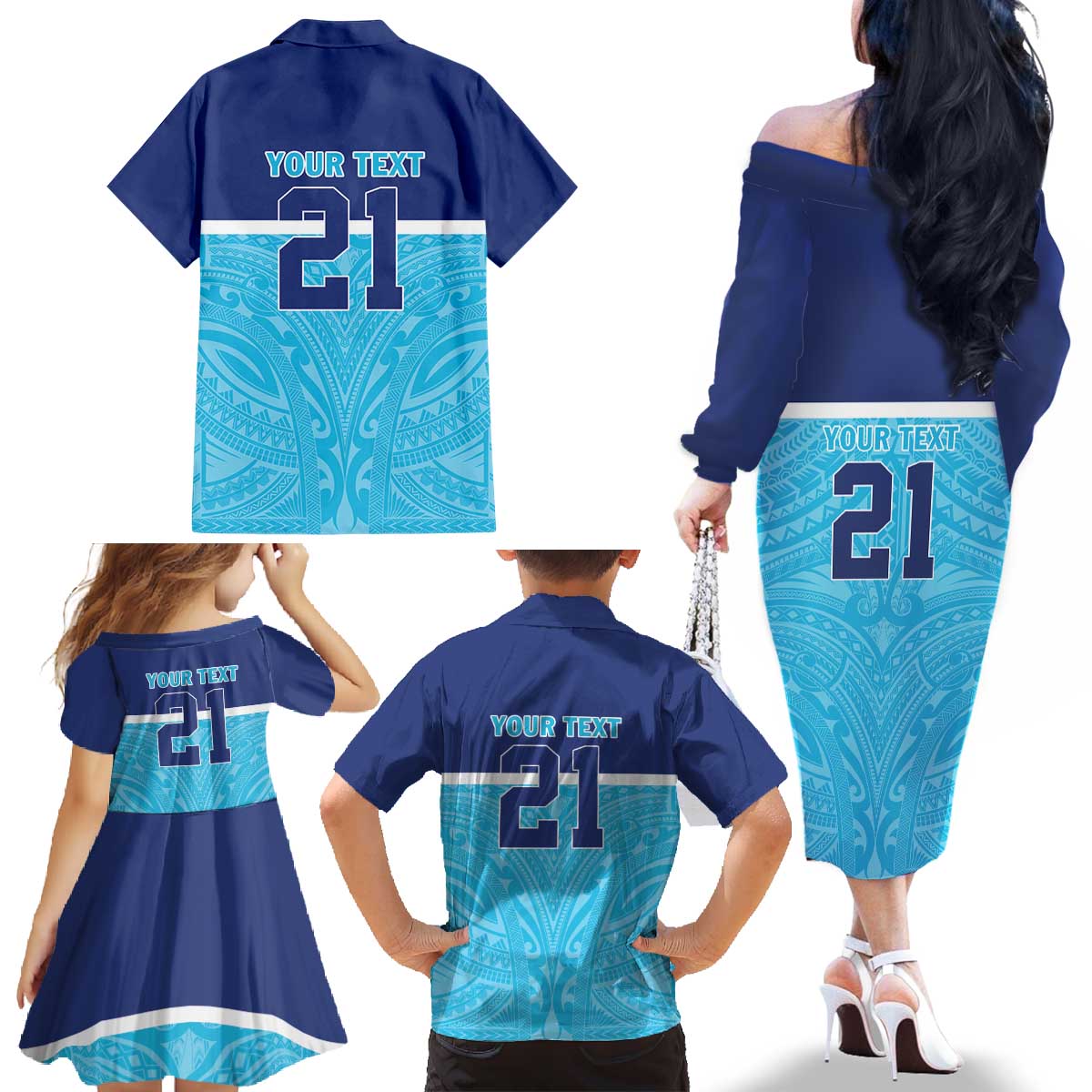 Queensland Samoa Custom Family Matching Off The Shoulder Long Sleeve Dress and Hawaiian Shirt Blue Pacific Polynesian Tribal Pattern
