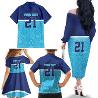 Queensland Samoa Custom Family Matching Off The Shoulder Long Sleeve Dress and Hawaiian Shirt Blue Pacific Polynesian Tribal Pattern