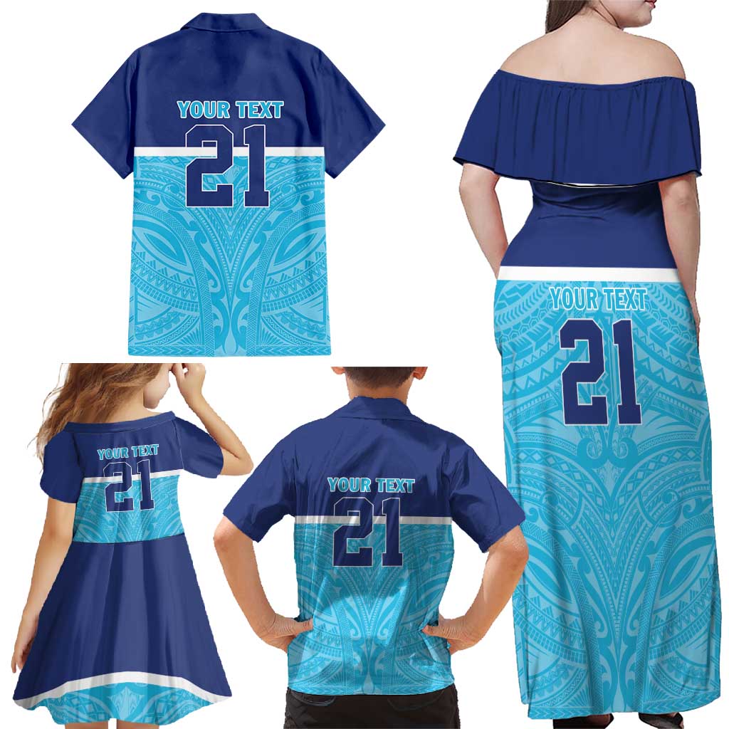 Queensland Samoa Custom Family Matching Off Shoulder Maxi Dress and Hawaiian Shirt Blue Pacific Polynesian Tribal Pattern