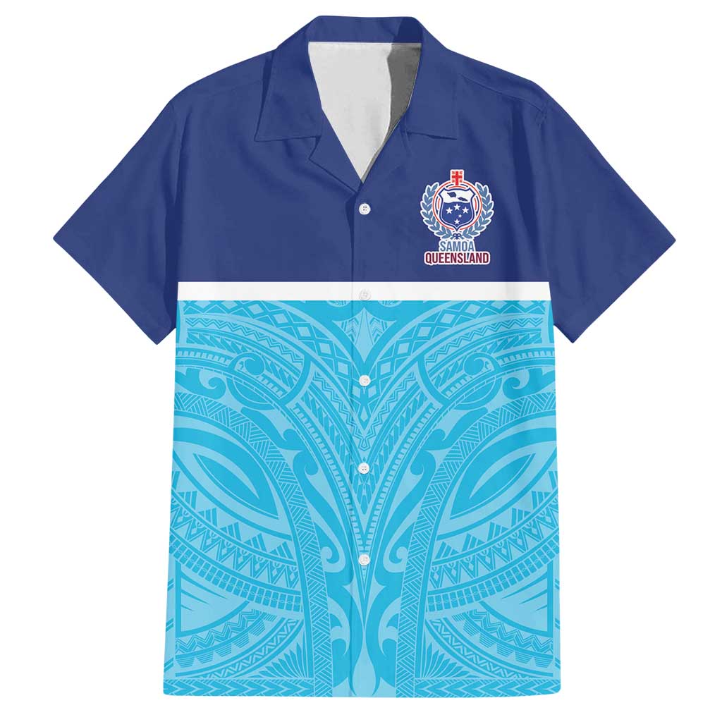 Queensland Samoa Custom Family Matching Off Shoulder Short Dress and Hawaiian Shirt Blue Pacific Polynesian Tribal Pattern