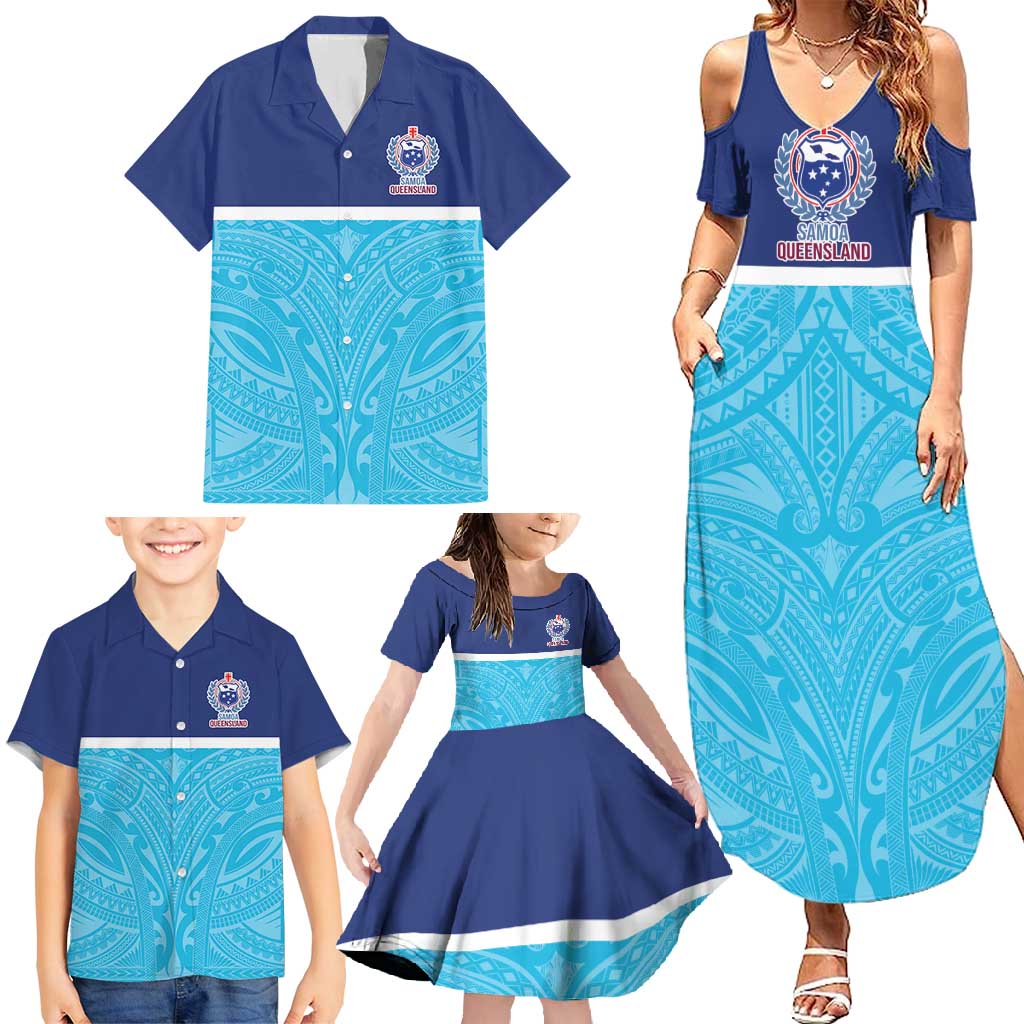 Queensland Samoa Custom Family Matching Summer Maxi Dress and Hawaiian Shirt Blue Pacific Polynesian Tribal Pattern