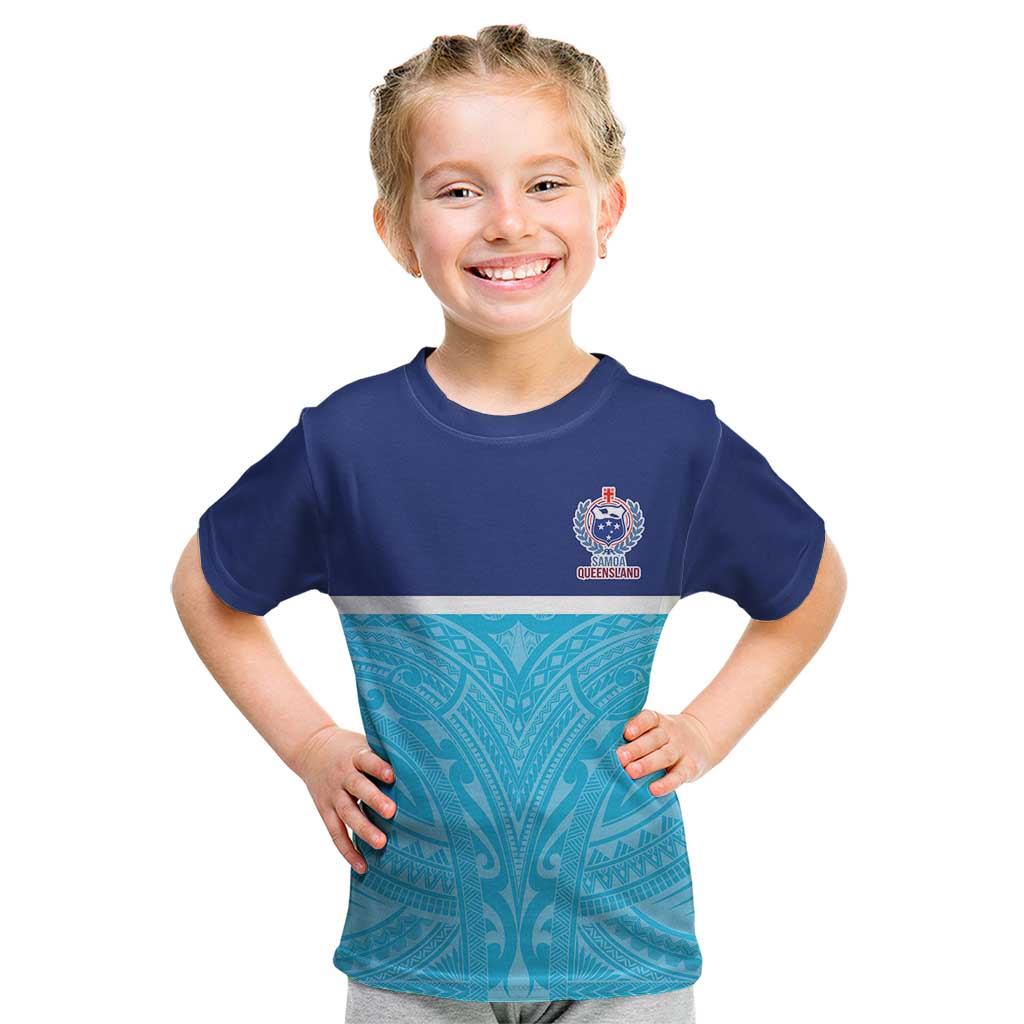 Queensland Samoa Custom Kid T Shirt Blue Pacific Polynesian Tribal Pattern LT9 Blue - Polynesian Pride