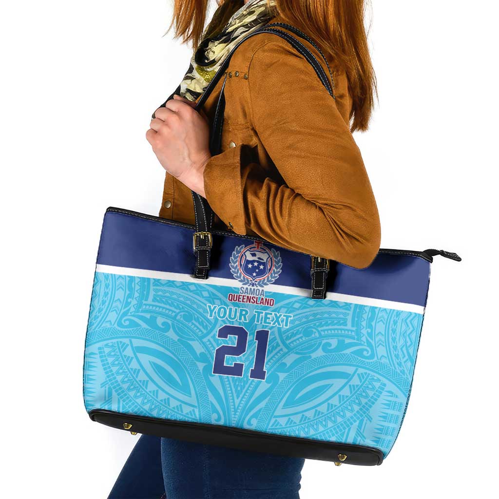 Queensland Samoa Custom Leather Tote Bag Blue Pacific Polynesian Tribal Pattern LT9 Blue - Polynesian Pride