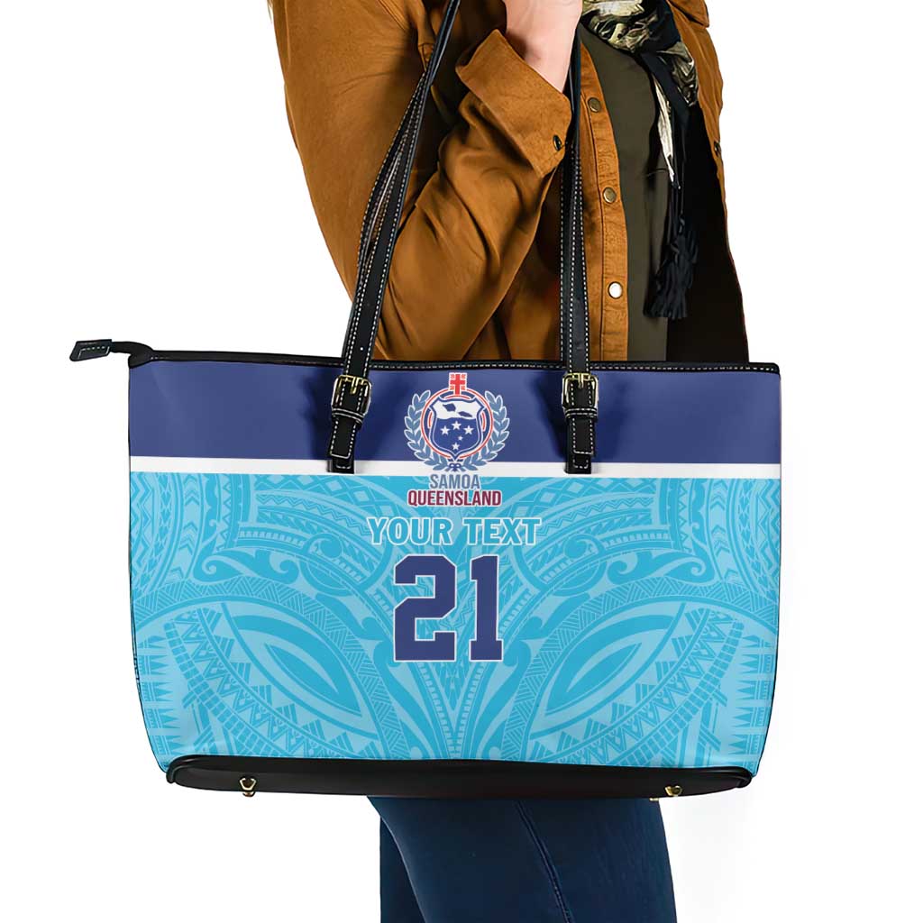 Queensland Samoa Custom Leather Tote Bag Blue Pacific Polynesian Tribal Pattern LT9 - Polynesian Pride