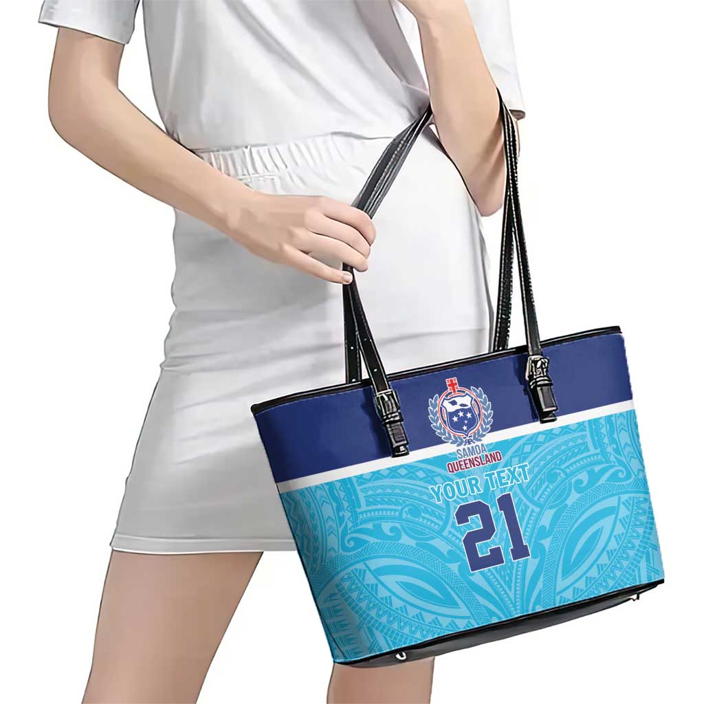 Queensland Samoa Custom Leather Tote Bag Blue Pacific Polynesian Tribal Pattern LT9 - Polynesian Pride