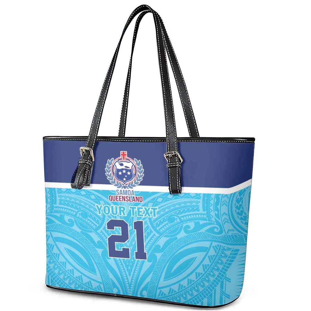 Queensland Samoa Custom Leather Tote Bag Blue Pacific Polynesian Tribal Pattern LT9 - Polynesian Pride
