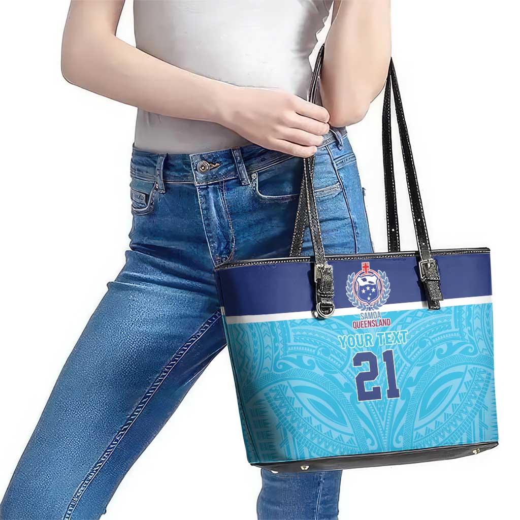 Queensland Samoa Custom Leather Tote Bag Blue Pacific Polynesian Tribal Pattern LT9 - Polynesian Pride