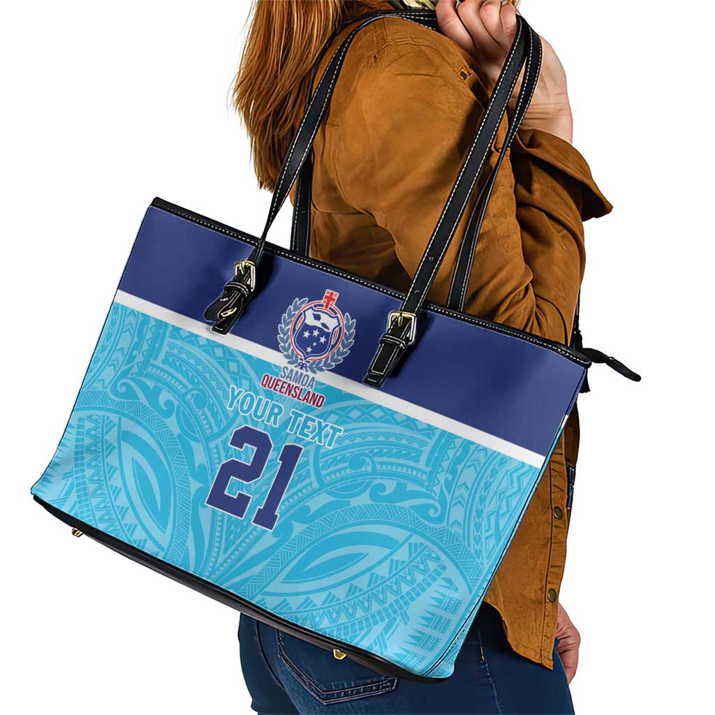 Queensland Samoa Custom Leather Tote Bag Blue Pacific Polynesian Tribal Pattern LT9 - Polynesian Pride
