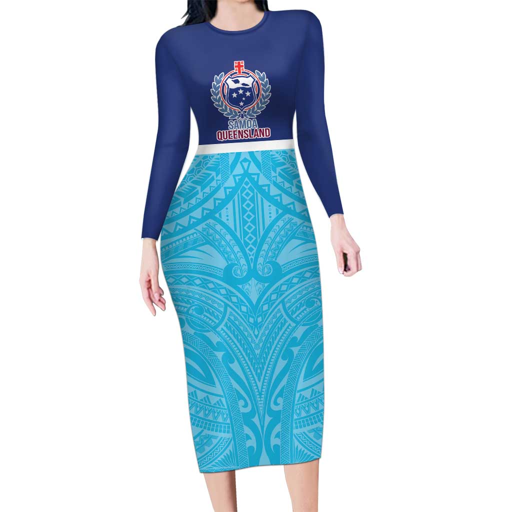 Queensland Samoa Custom Long Sleeve Bodycon Dress Blue Pacific Polynesian Tribal Pattern