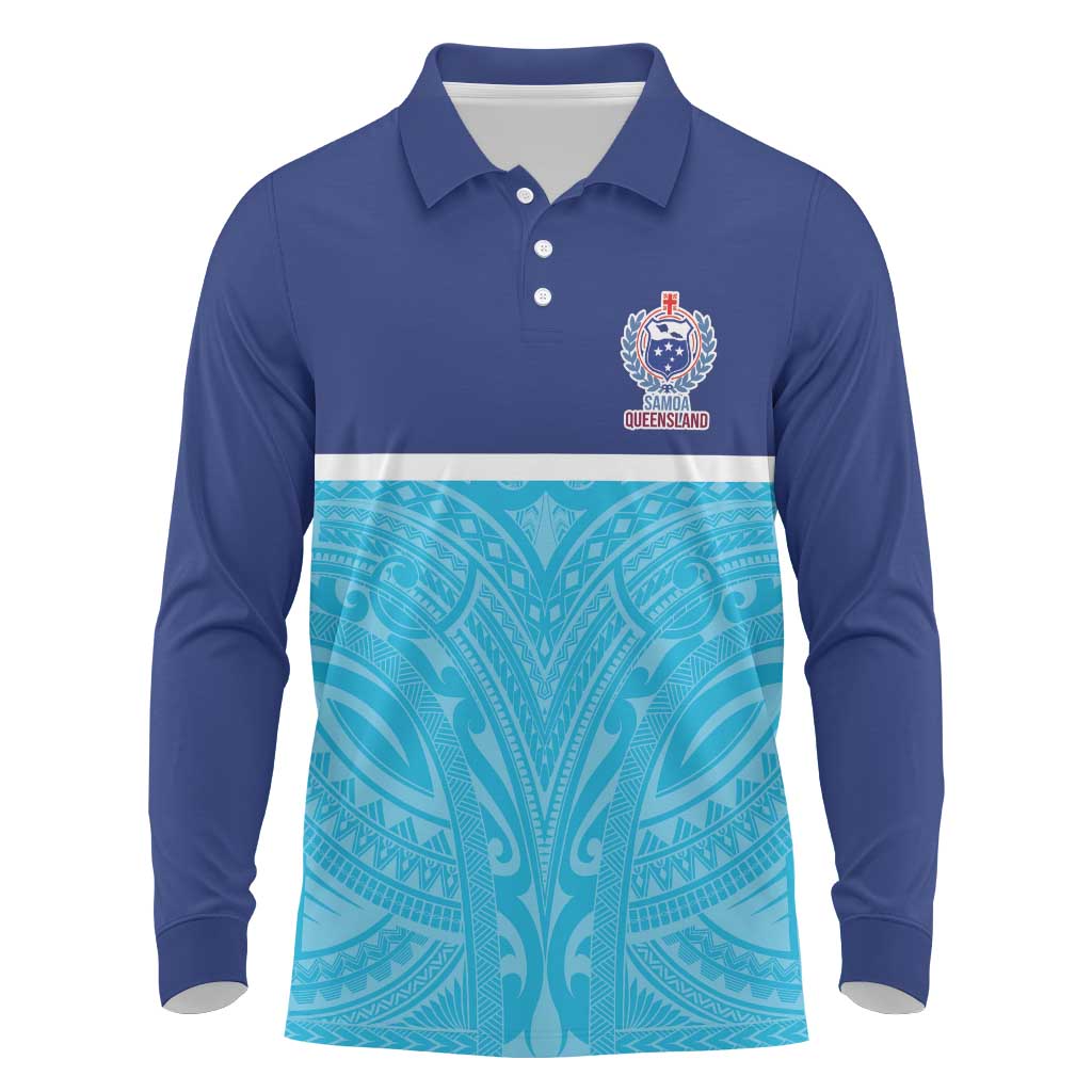 Queensland Samoa Custom Long Sleeve Polo Shirt Blue Pacific Polynesian Tribal Pattern LT9 Blue - Polynesian Pride