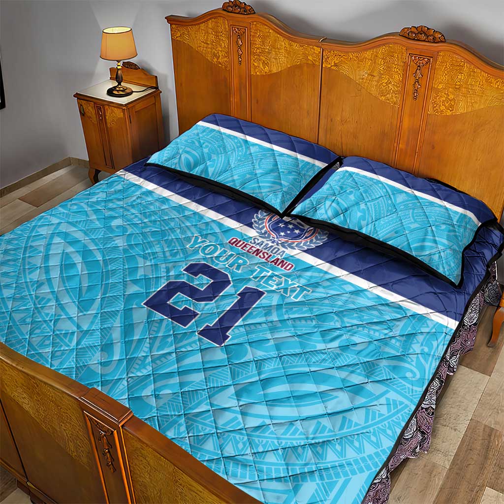 Queensland Samoa Custom Quilt Bed Set Blue Pacific Polynesian Tribal Pattern