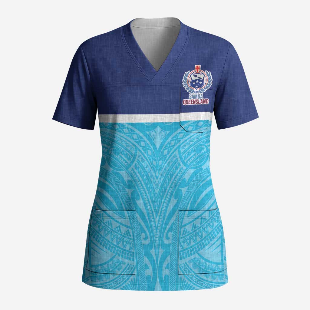 Queensland Samoa Custom Scrub Top Blue Pacific Polynesian Tribal Pattern - Polynesian Pride
