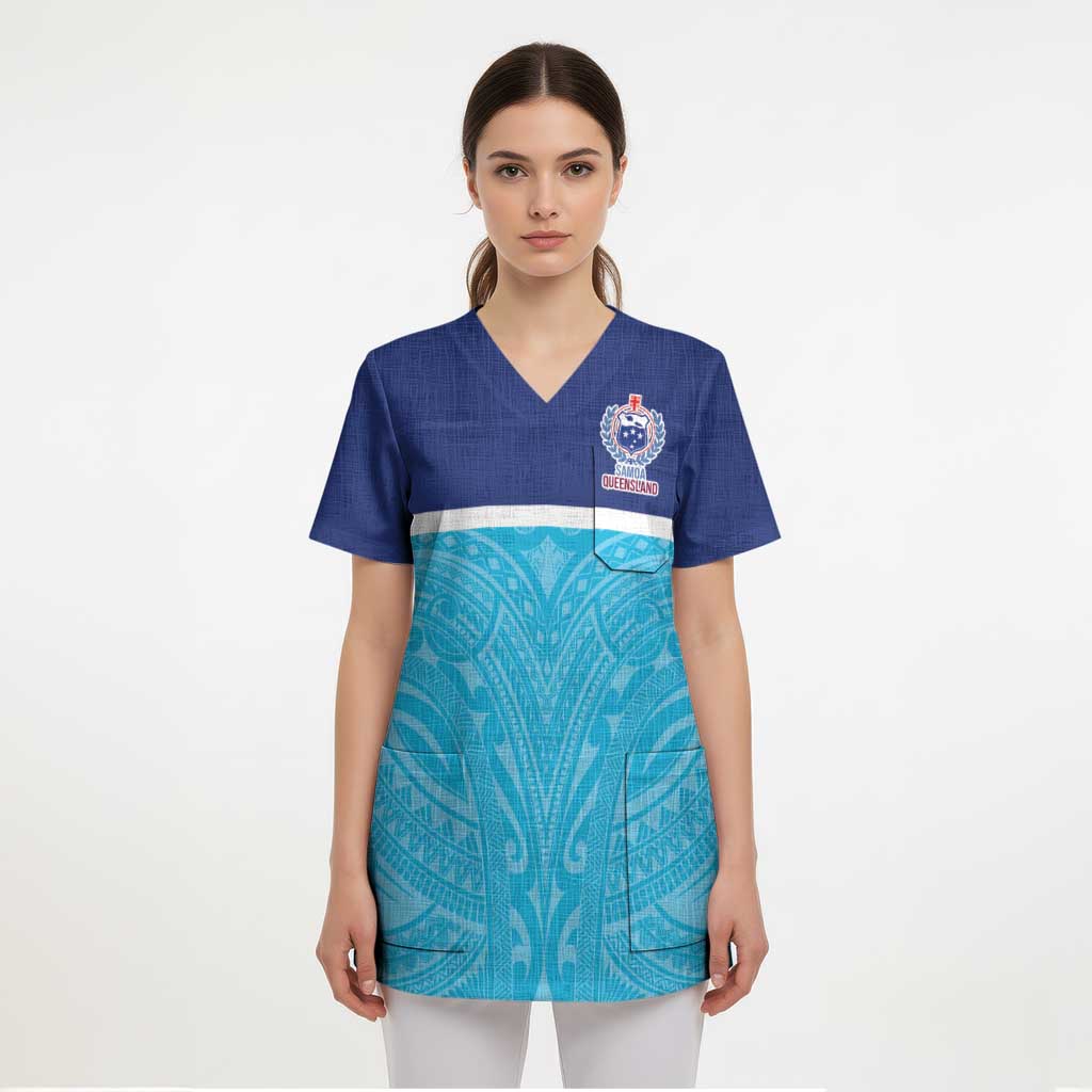 Queensland Samoa Custom Scrub Top Blue Pacific Polynesian Tribal Pattern - Polynesian Pride
