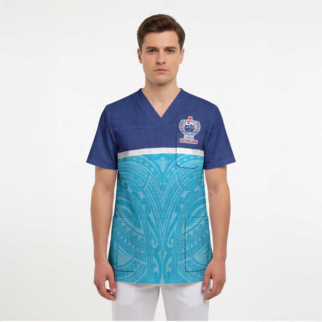 Queensland Samoa Custom Scrub Top Blue Pacific Polynesian Tribal Pattern - Polynesian Pride