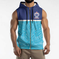 Queensland Samoa Custom Sleeveless Zip Hoodie Blue Pacific Polynesian Tribal Pattern - Polynesian Pride