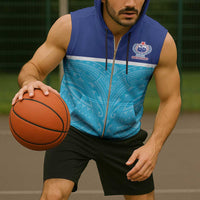 Queensland Samoa Custom Sleeveless Zip Hoodie Blue Pacific Polynesian Tribal Pattern - Polynesian Pride